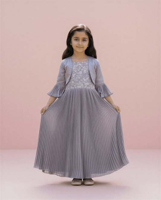 Lavender Mist Floral Embroidered Pleated Gown with Bell - Sleeve Bolero - nemi kids wear