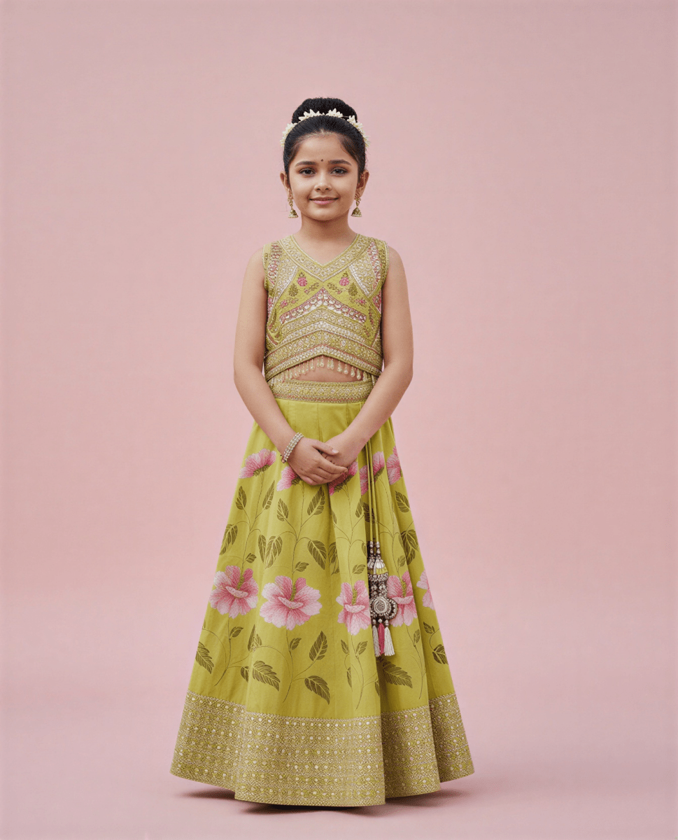 Lime Green Floral Printed & Embroidered Lehenga Choli Set - nemi kids wear