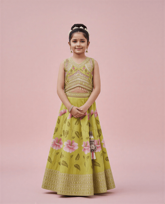 Lime Green Floral Printed & Embroidered Lehenga Choli Set - nemi kids wear