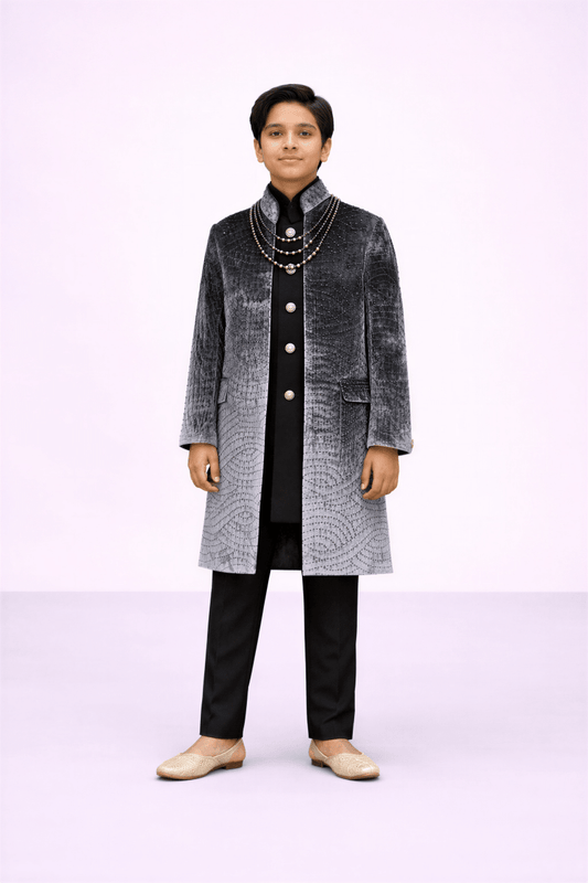 Midnight Charcoal Velvet Indowestern Sherwani - nemi kids wear