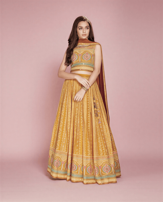 Mustard Yellow Printed Lehenga Choli with Embroidered Choli and Dupatta for Girls - nemi kids wear
