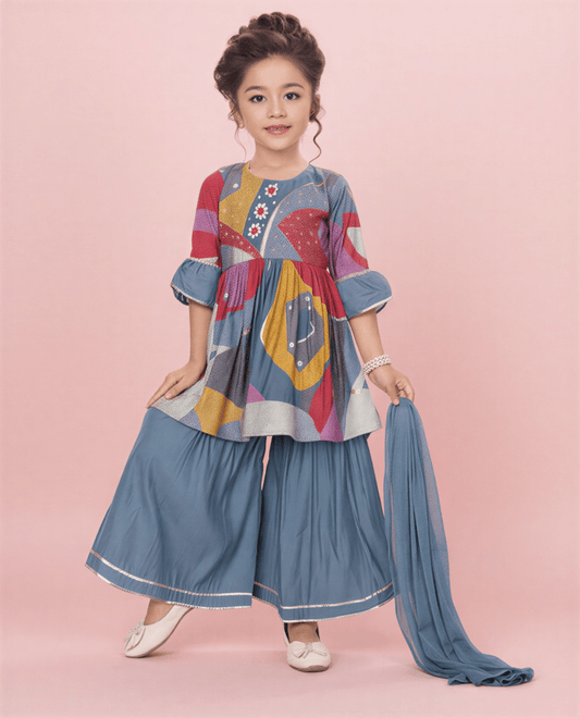 Patola - Print Peplum & Flared Sharara Suit - nemi kids wear