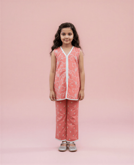 Peach Petals Embroidered Tunic & Trouser - nemi kids wear