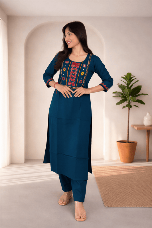 Peacock Teal Embroidered Straight Kurta Set - nemi kids wear