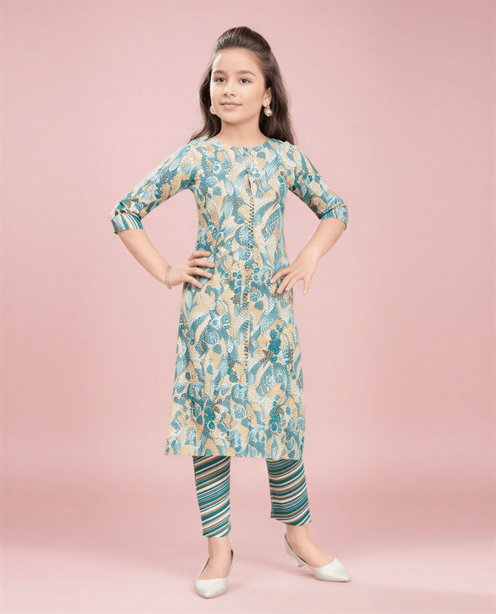 Teal Bloom Abstract Kurta Set - nemi kids wear