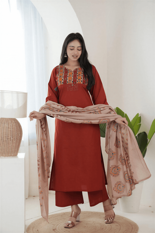 Terracotta Tale Ajrakh Suit Set - nemi kids wear