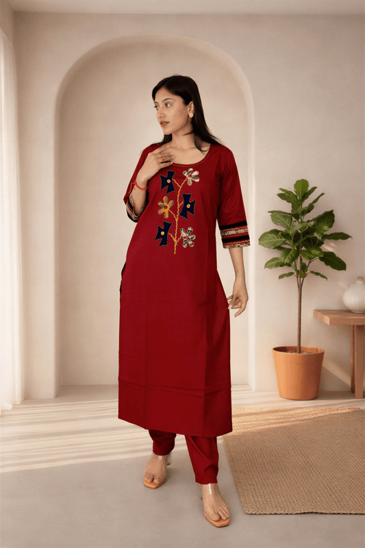 The Crimson Bloom Appliqué Kurta Set - nemi kids wear
