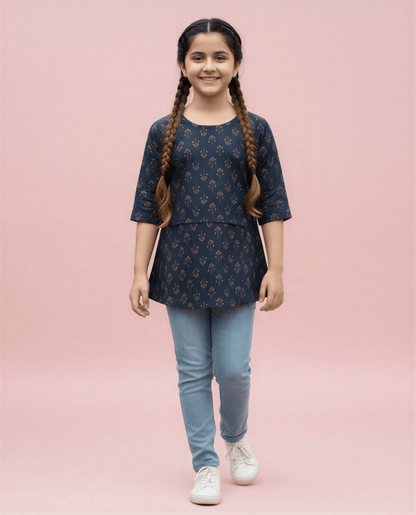 The "Indigo Earth" Hand - Block Ikat Kurta - nemi kids wear