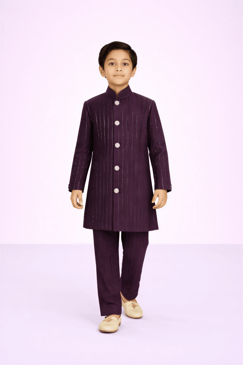 Velvet Wine Shimmer Achkan - nemi kids wear