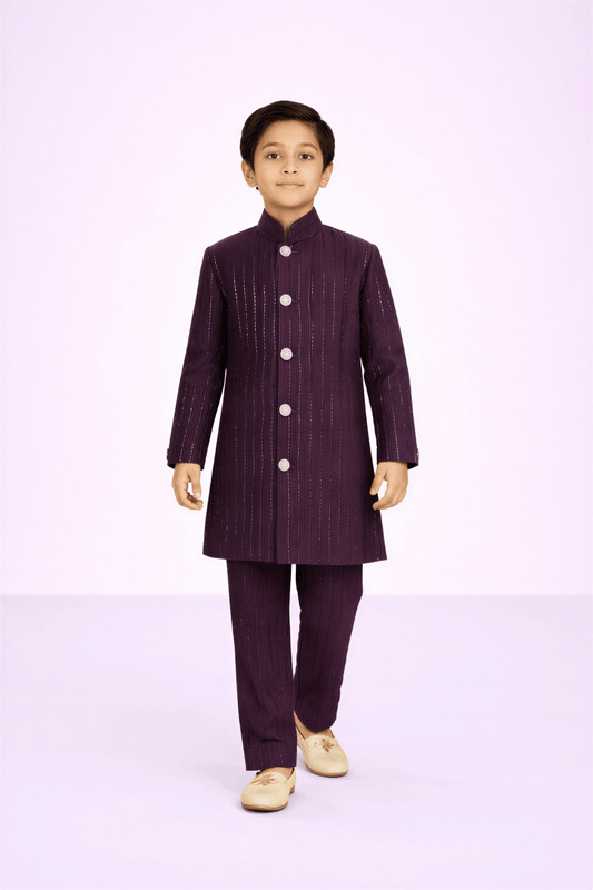 Velvet Wine Shimmer Achkan - nemi kids wear