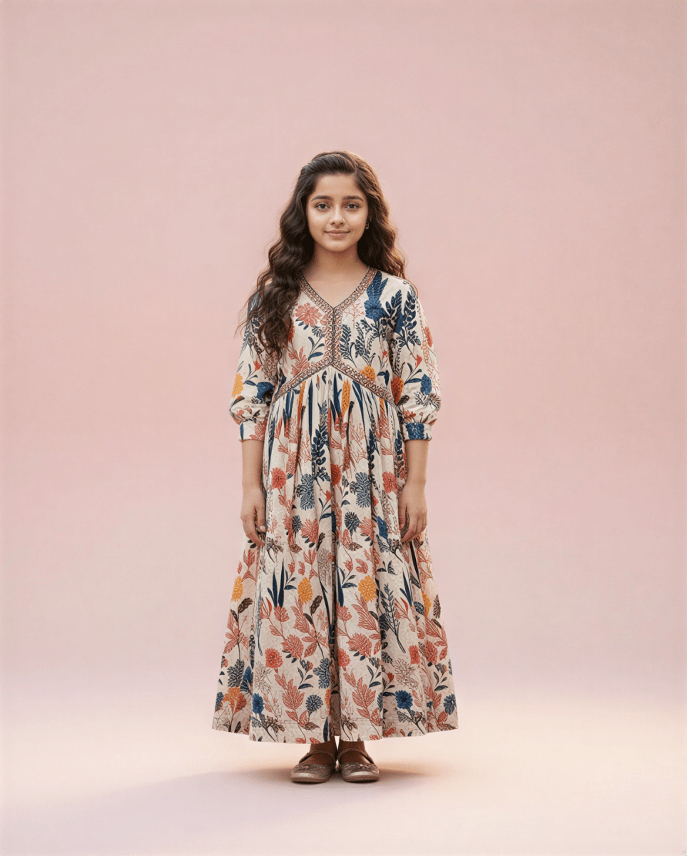 Willow & Bloom Girls' Vintage Floral Maxi Dress - Earthy Botanical Print - nemi kids wear