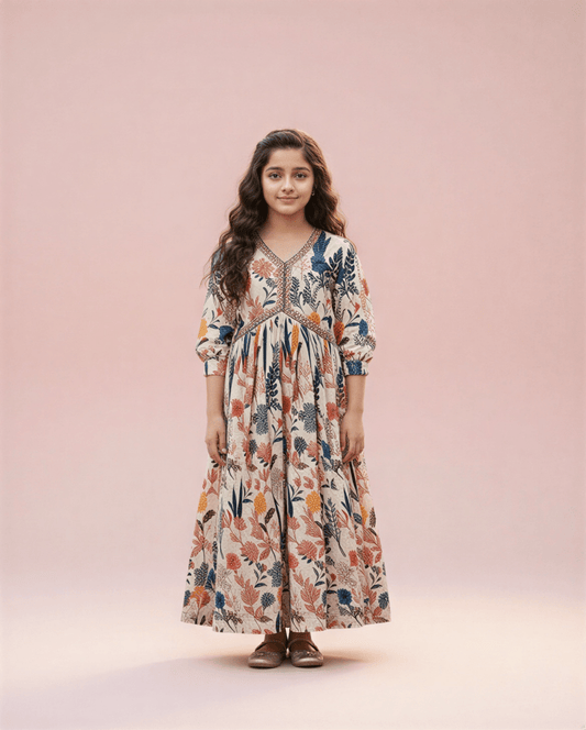 Willow & Bloom Girls' Vintage Floral Maxi Dress - Earthy Botanical Print - nemi kids wear