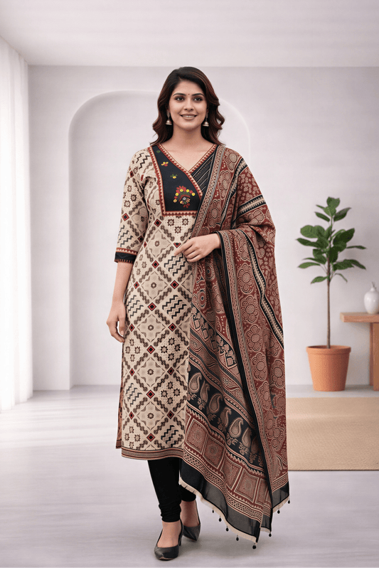Women’s Beige & Maroon Printed Kurti Pant Set with Dupatta – Classic Ethnic Wear - nemi kids wear