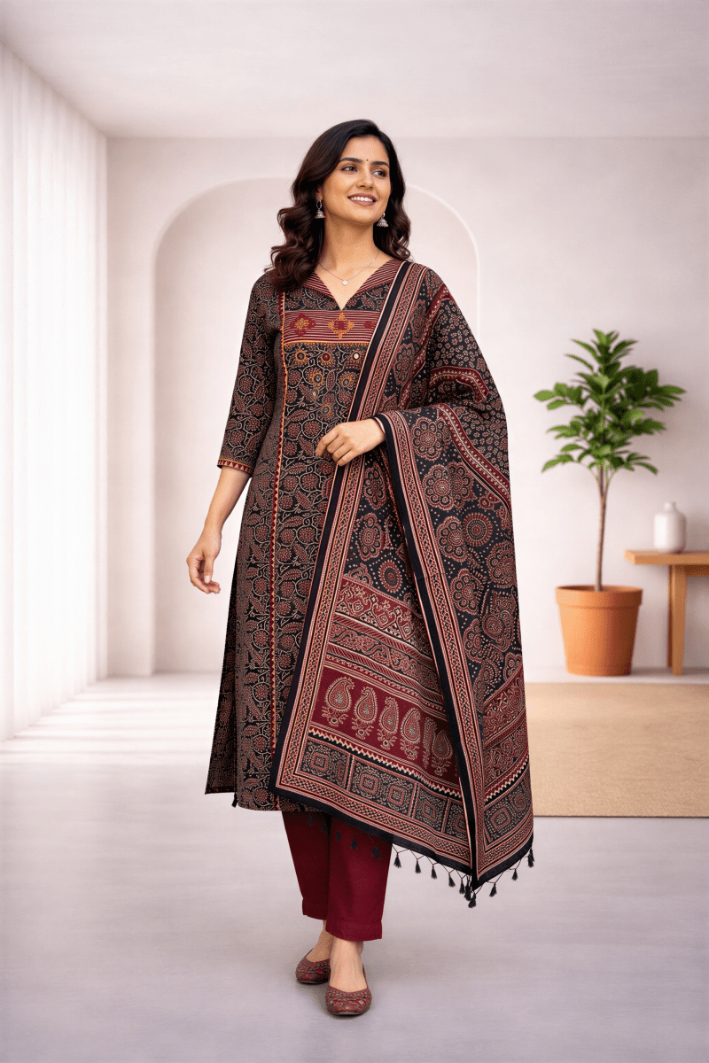 Women’s Black & Maroon Printed Kurti Pant Set with Dupatta – Elegant Ethnic Wear - nemi kids wear
