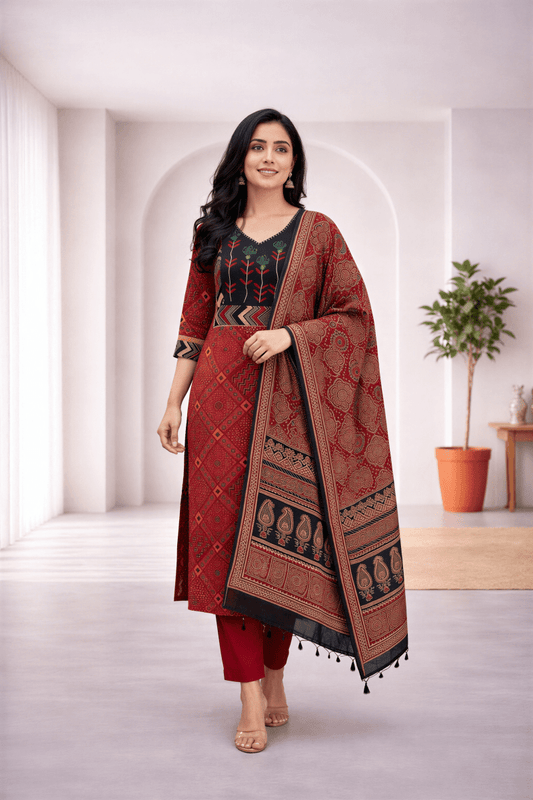 Women’s Red & Black Printed Kurti Pant Set with Dupatta – Festive Ethnic Wear - nemi kids wear